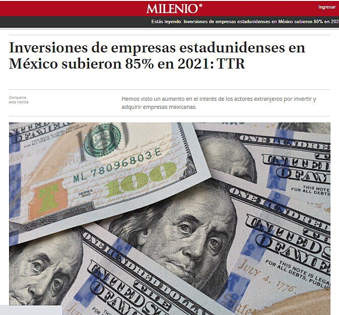 Inversiones de empresas estadunidenses en Mxico subieron 85% en 2021: TTR